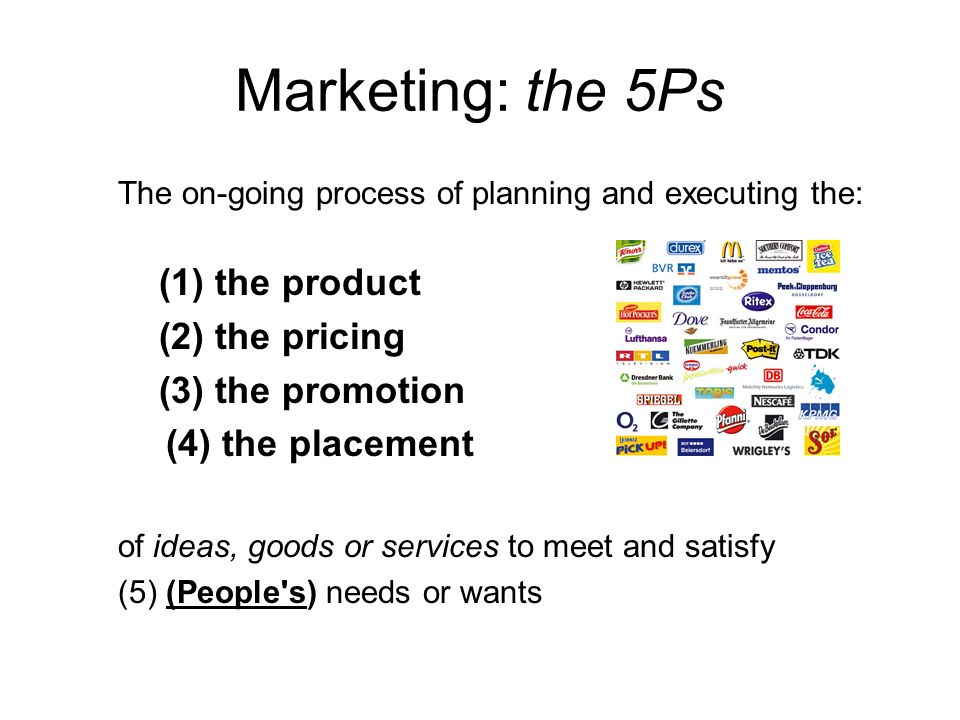 Marketing: the 5Ps The on-going process of planning and executing the: (1) the product (2) the pricing (3) the promotion (4) the placement of ideas, goods or services to meet and satisfy (5) (People s) needs or wants