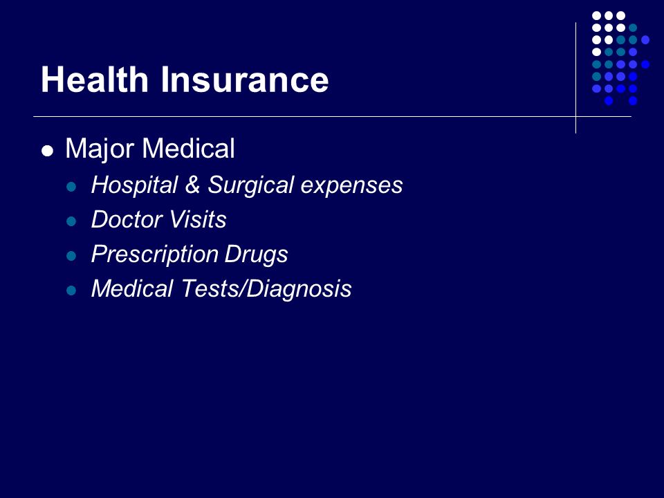 Health Insurance Major Medical Hospital & Surgical expenses Doctor Visits Prescription Drugs Medical Tests/Diagnosis