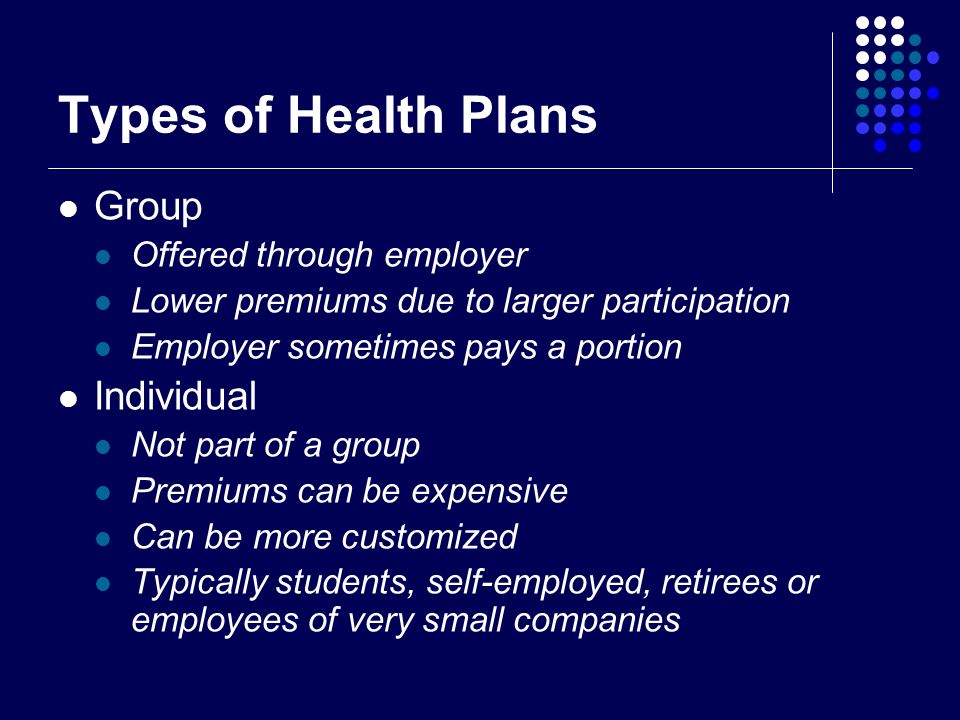 Types of Health Plans Group Offered through employer Lower premiums due to larger participation Employer sometimes pays a portion Individual Not part of a group Premiums can be expensive Can be more customized Typically students, self-employed, retirees or employees of very small companies