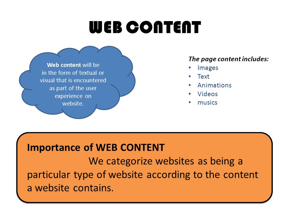 WEB CONTENT Web content will be in the form of textual or visual that is encountered as part of the user experience on website.