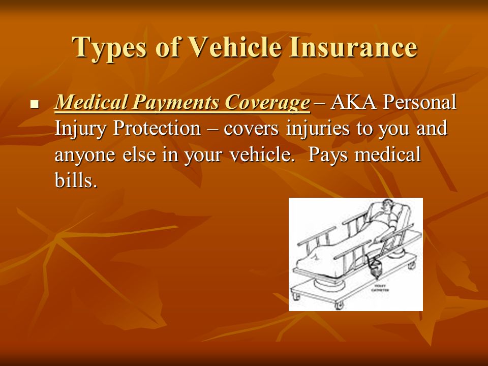 Types of Vehicle Insurance Medical Payments Coverage – AKA Personal Injury Protection – covers injuries to you and anyone else in your vehicle.
