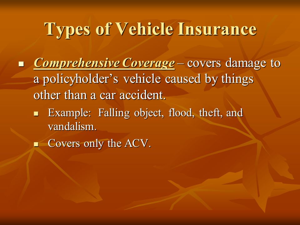 Types of Vehicle Insurance Comprehensive Coverage – covers damage to a policyholder’s vehicle caused by things other than a car accident.