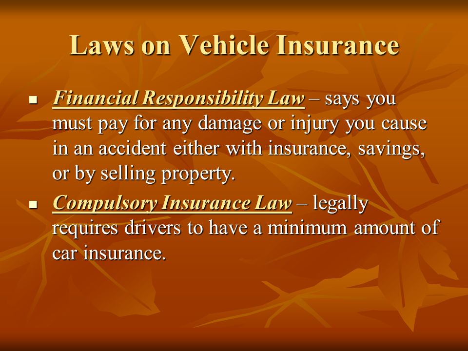 Laws on Vehicle Insurance Financial Responsibility Law – says you must pay for any damage or injury you cause in an accident either with insurance, savings, or by selling property.