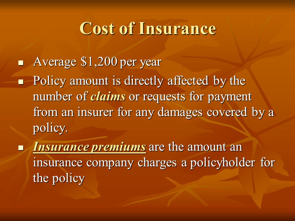 Cost of Insurance Average $1,200 per year Average $1,200 per year Policy amount is directly affected by the number of claims or requests for payment from an insurer for any damages covered by a policy.