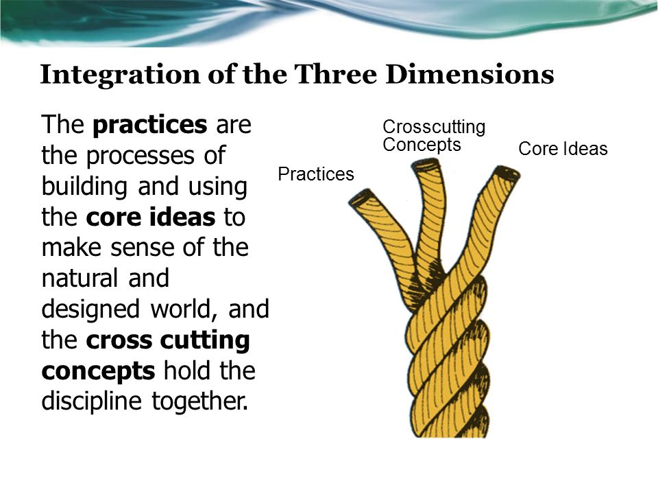 Integration of the Three Dimensions Core Ideas Practices Crosscutting Concepts The practices are the processes of building and using the core ideas to make sense of the natural and designed world, and the cross cutting concepts hold the discipline together.