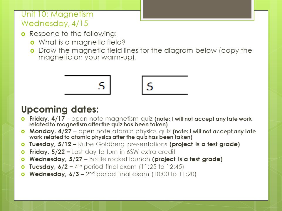 Unit 10: Magnetism Wednesday, 4/15  Respond to the following:  What is a magnetic field.