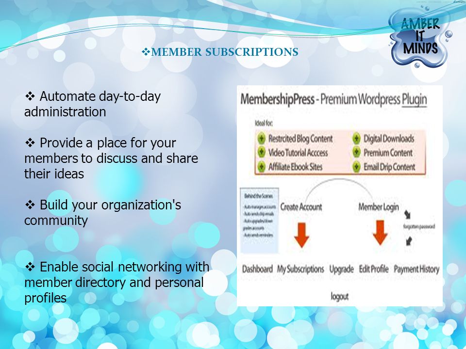  MEMBER SUBSCRIPTIONS  Automate day-to-day administration  Provide a place for your members to discuss and share their ideas  Build your organization s community  Enable social networking with member directory and personal profiles