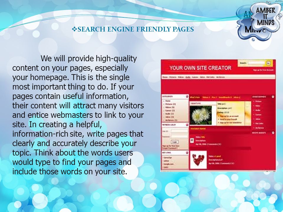  SEARCH ENGINE FRIENDLY PAGES We will provide high-quality content on your pages, especially your homepage.