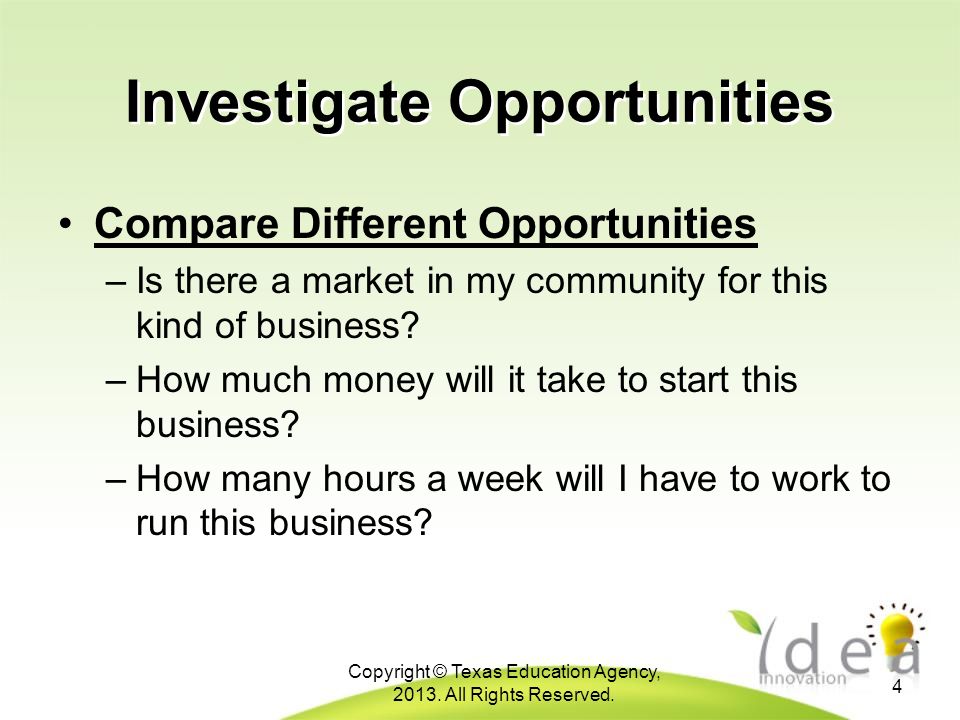 Investigate Opportunities Compare Different Opportunities –Is there a market in my community for this kind of business.