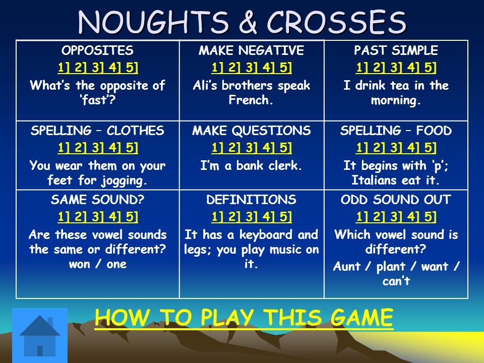 NOUGHTS & CROSSES OPPOSITES 1] 2] 3] 4] 5] What’s the opposite of ‘fast’.