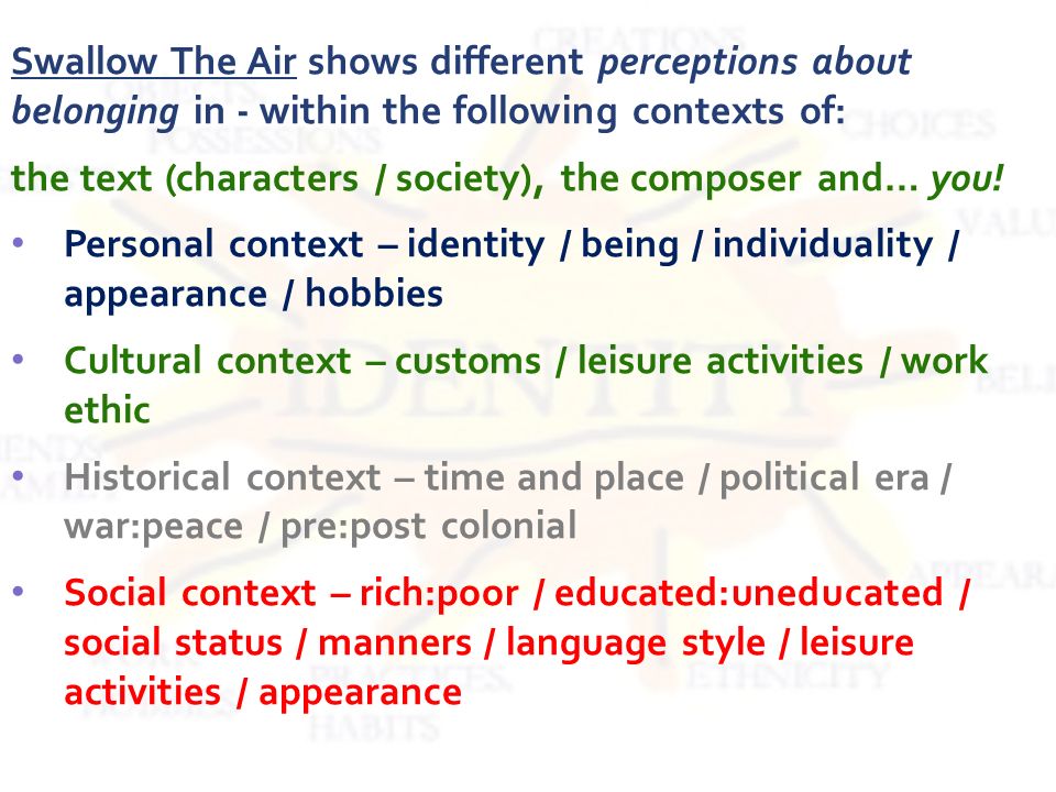 Swallow The Air shows different perceptions about belonging in - within the following contexts of: the text (characters / society), the composer and… you.