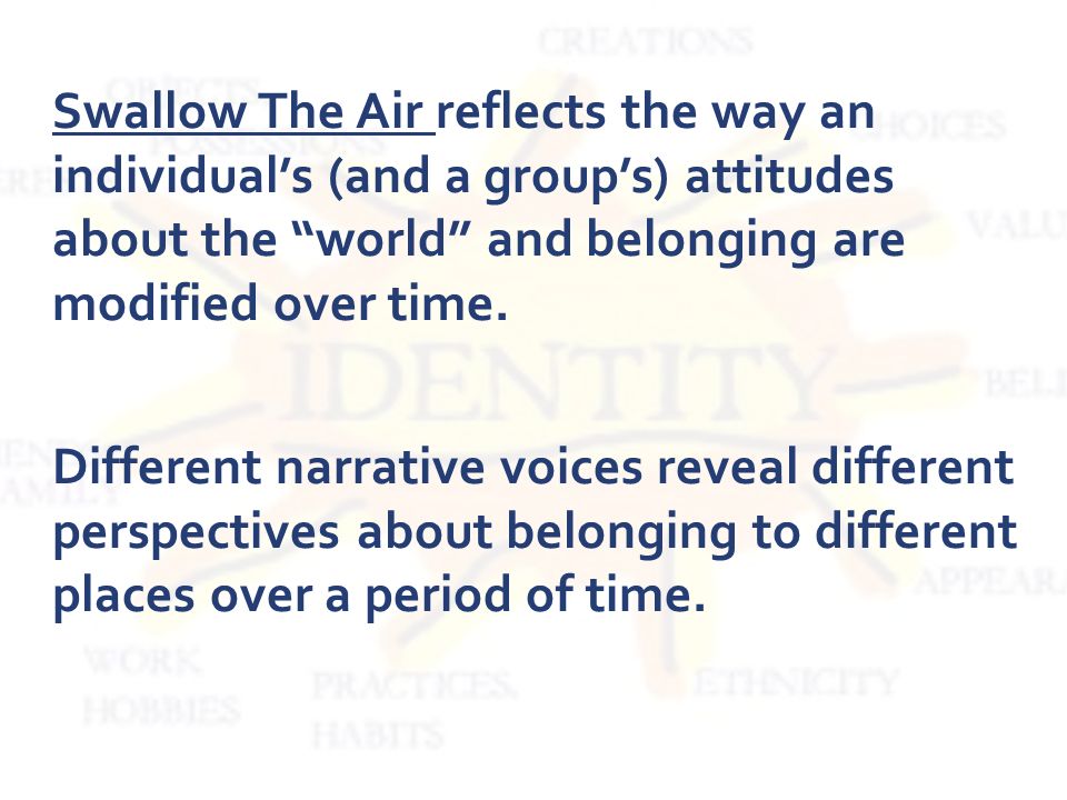 Swallow The Air reflects the way an individual’s (and a group’s) attitudes about the world and belonging are modified over time.