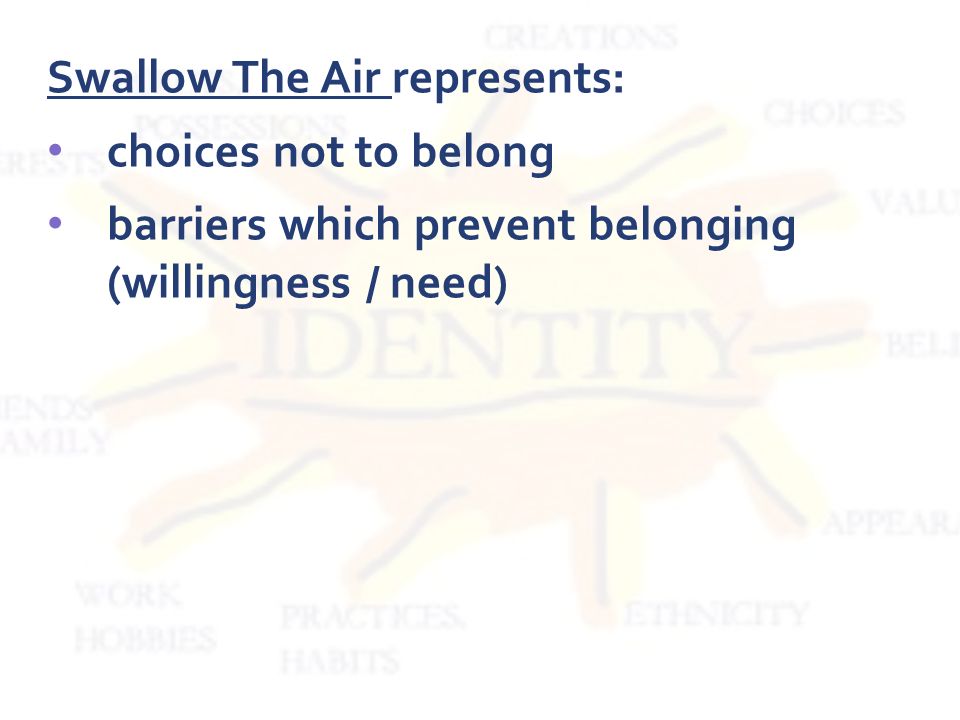 Swallow The Air represents: choices not to belong barriers which prevent belonging (willingness / need)