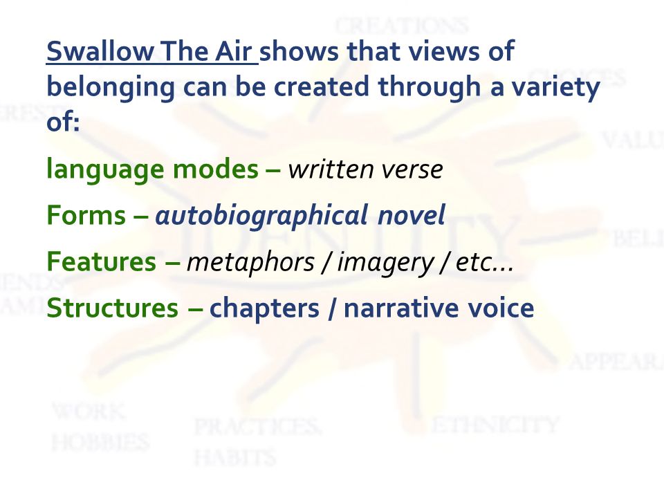Swallow The Air shows that views of belonging can be created through a variety of: language modes – written verse Forms – autobiographical novel Features – metaphors / imagery / etc… Structures – chapters / narrative voice