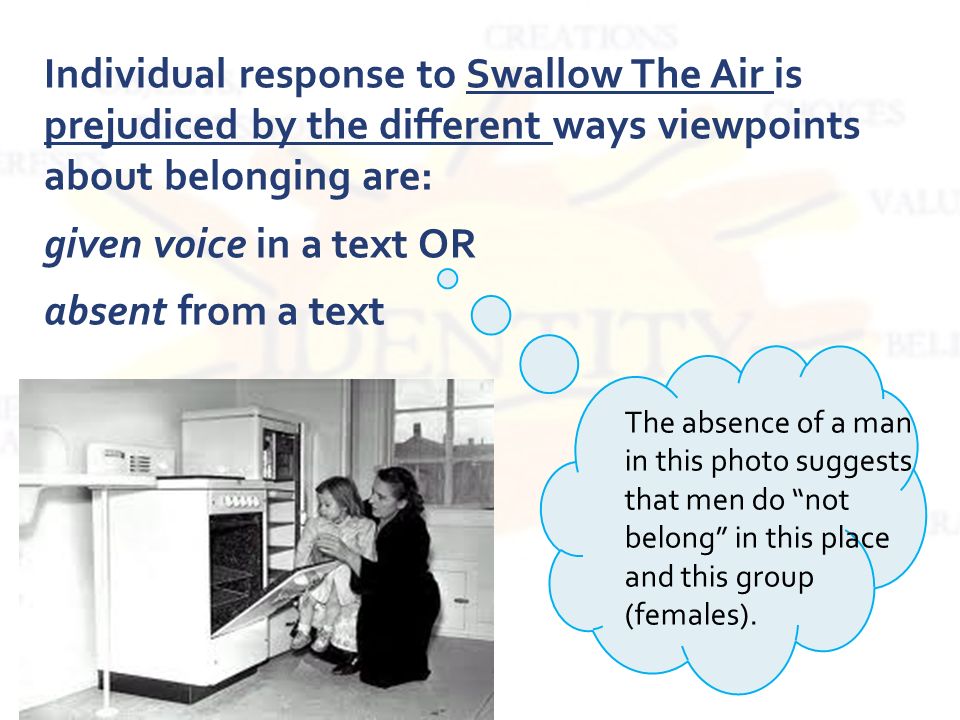 Individual response to Swallow The Air is prejudiced by the different ways viewpoints about belonging are: given voice in a text OR absent from a text The absence of a man in this photo suggests that men do not belong in this place and this group (females).