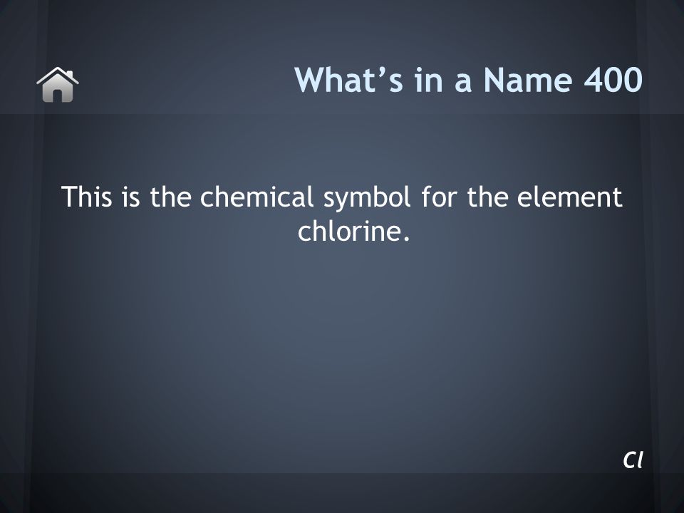 This is the chemical symbol for the element chlorine. What’s in a Name 400 Cl