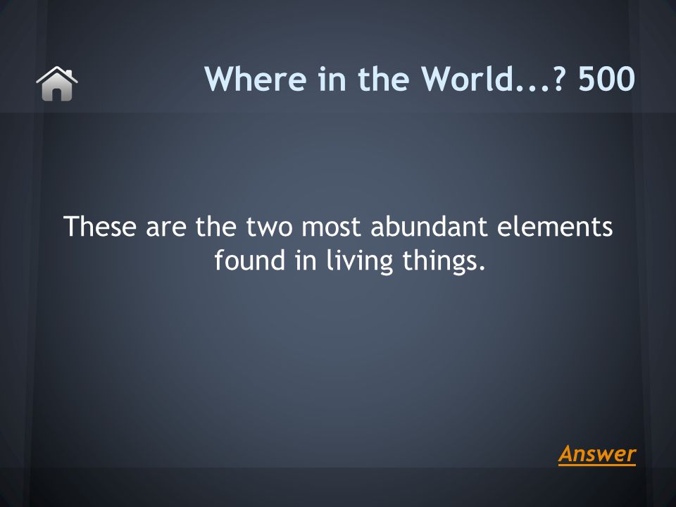 These are the two most abundant elements found in living things. Where in the World Answer