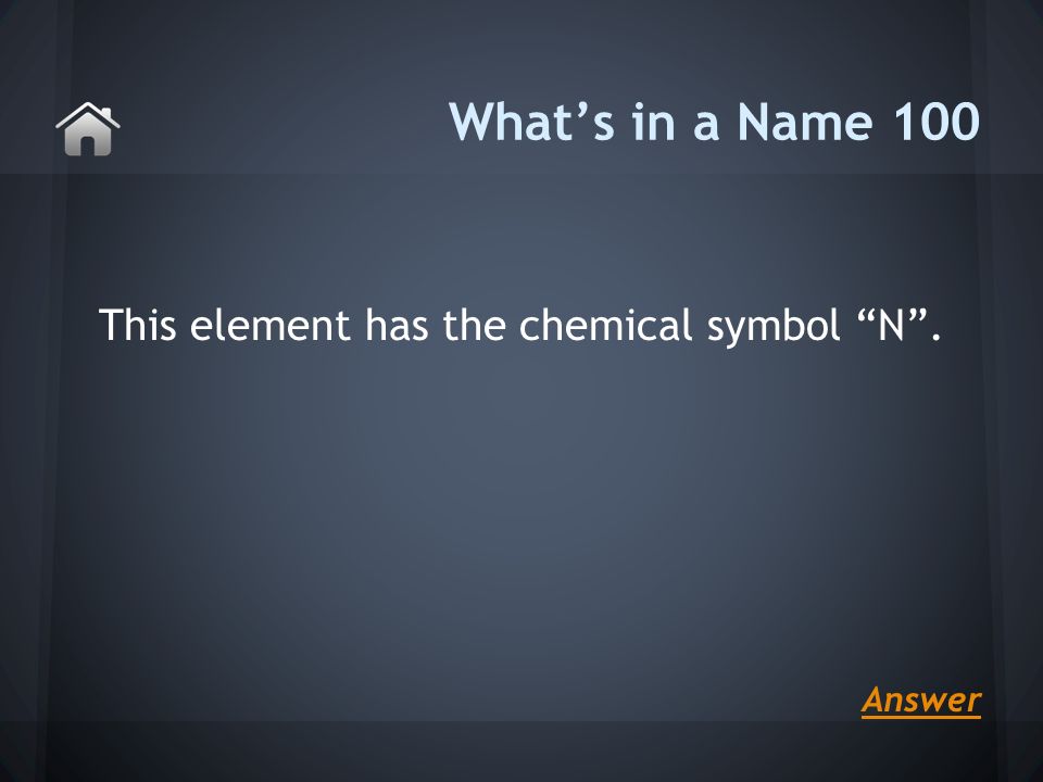 This element has the chemical symbol N . What’s in a Name 100 Answer
