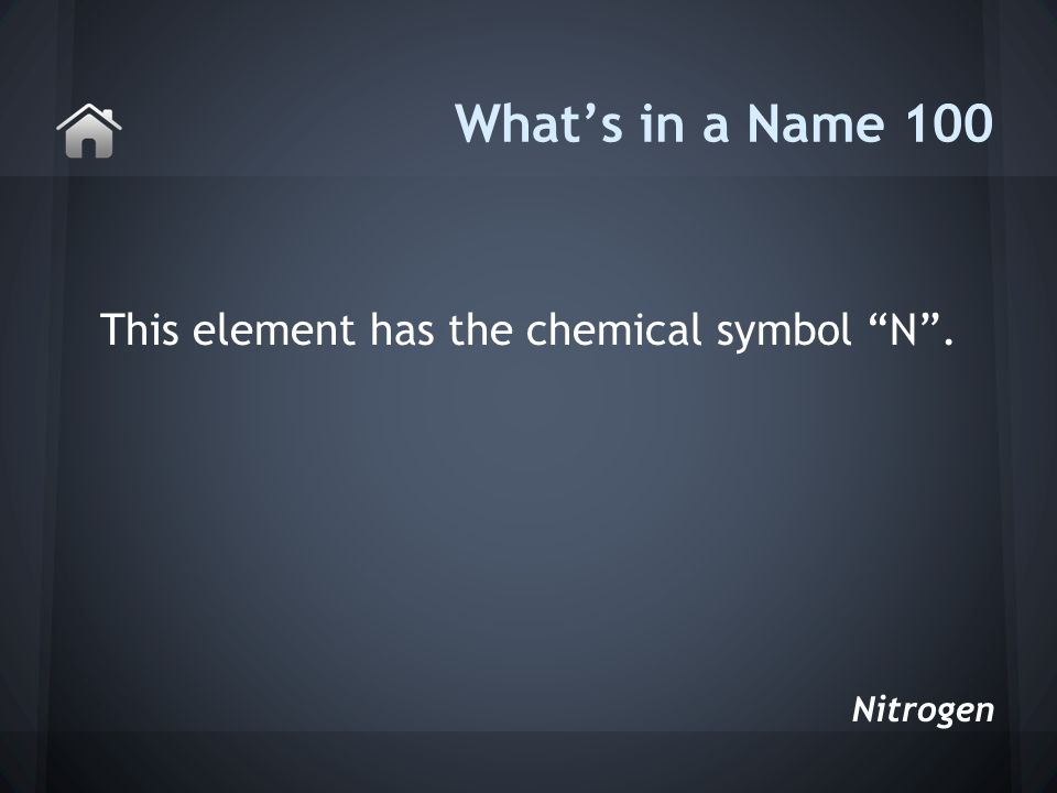 This element has the chemical symbol N . What’s in a Name 100 Nitrogen
