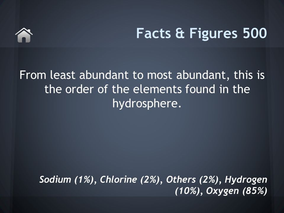 From least abundant to most abundant, this is the order of the elements found in the hydrosphere.