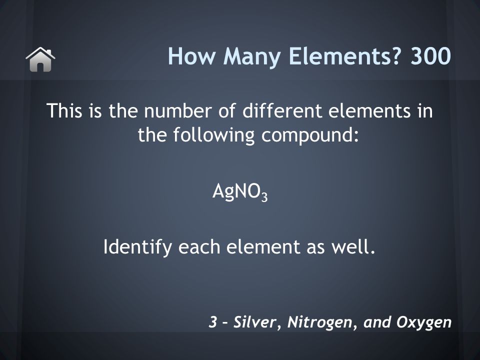 This is the number of different elements in the following compound: AgNO 3 Identify each element as well.
