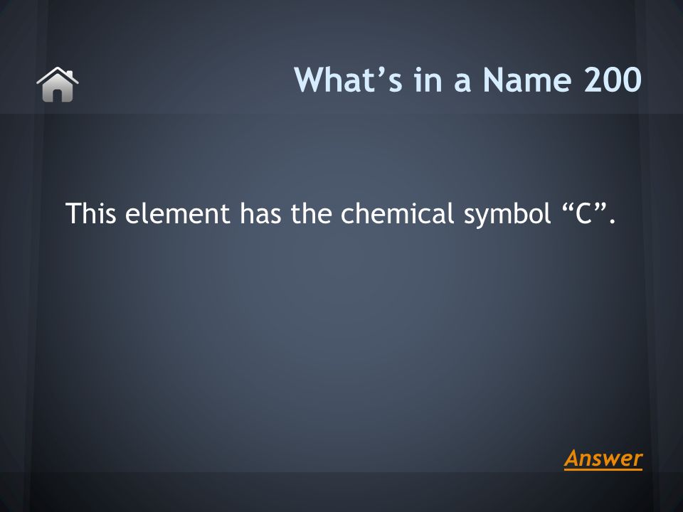 This element has the chemical symbol C . What’s in a Name 200 Answer