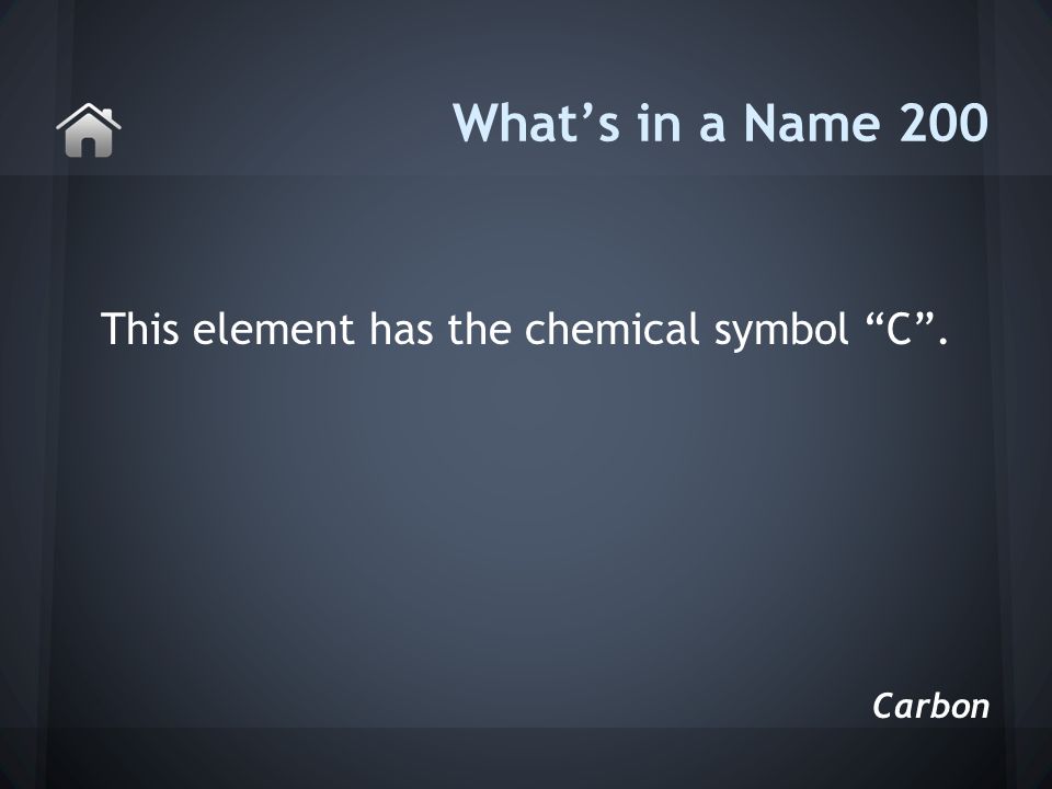 This element has the chemical symbol C . What’s in a Name 200 Carbon