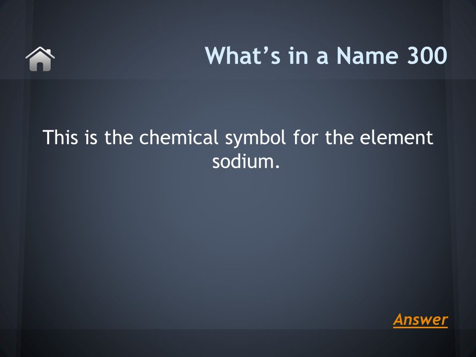This is the chemical symbol for the element sodium. What’s in a Name 300 Answer