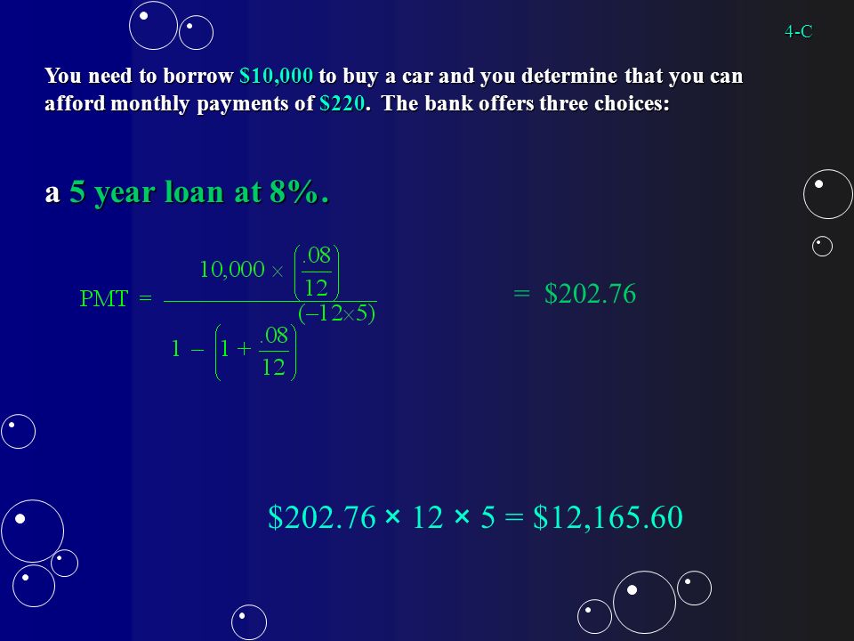 You need to borrow $10,000 to buy a car and you determine that you can afford monthly payments of $220.
