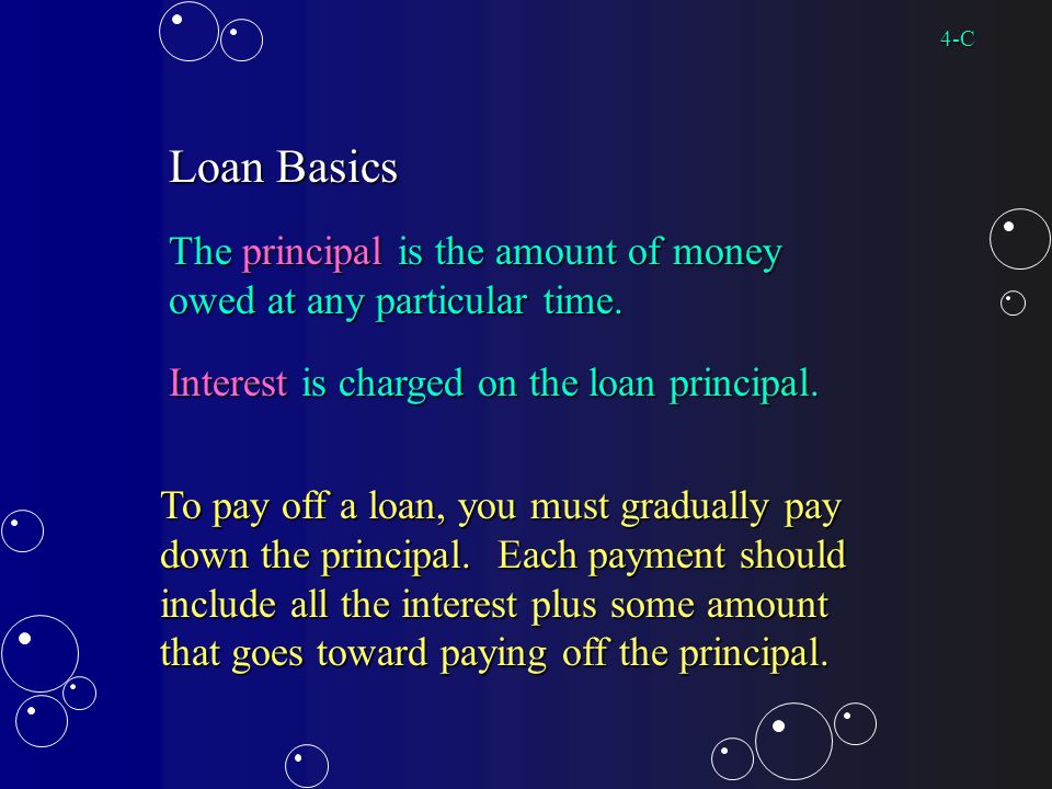 Loan Basics The principal is the amount of money owed at any particular time.