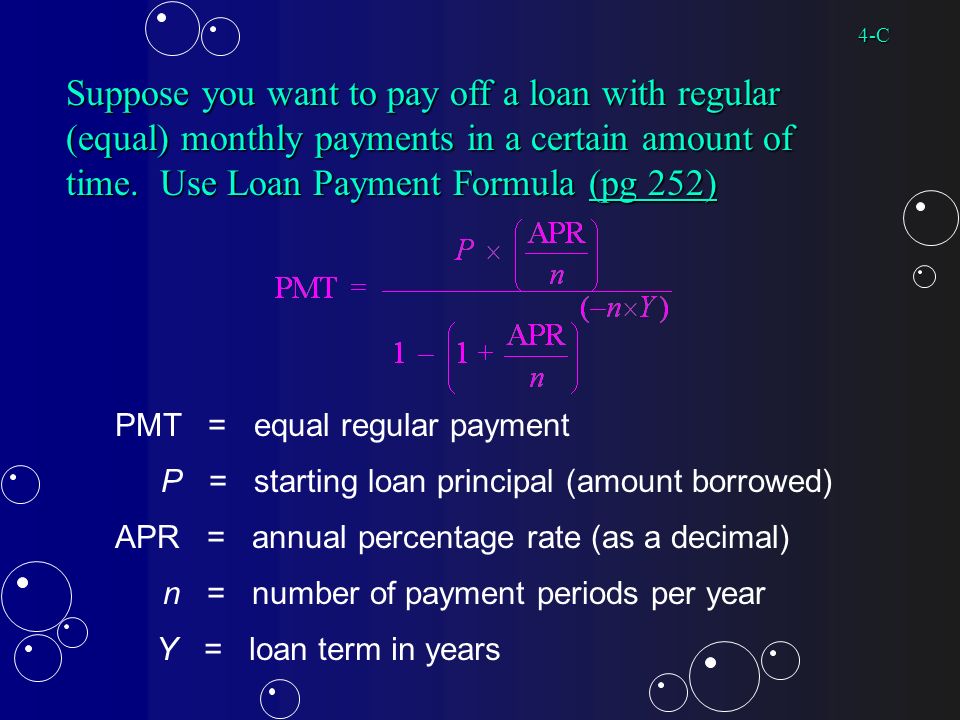 Suppose you want to pay off a loan with regular (equal) monthly payments in a certain amount of time.