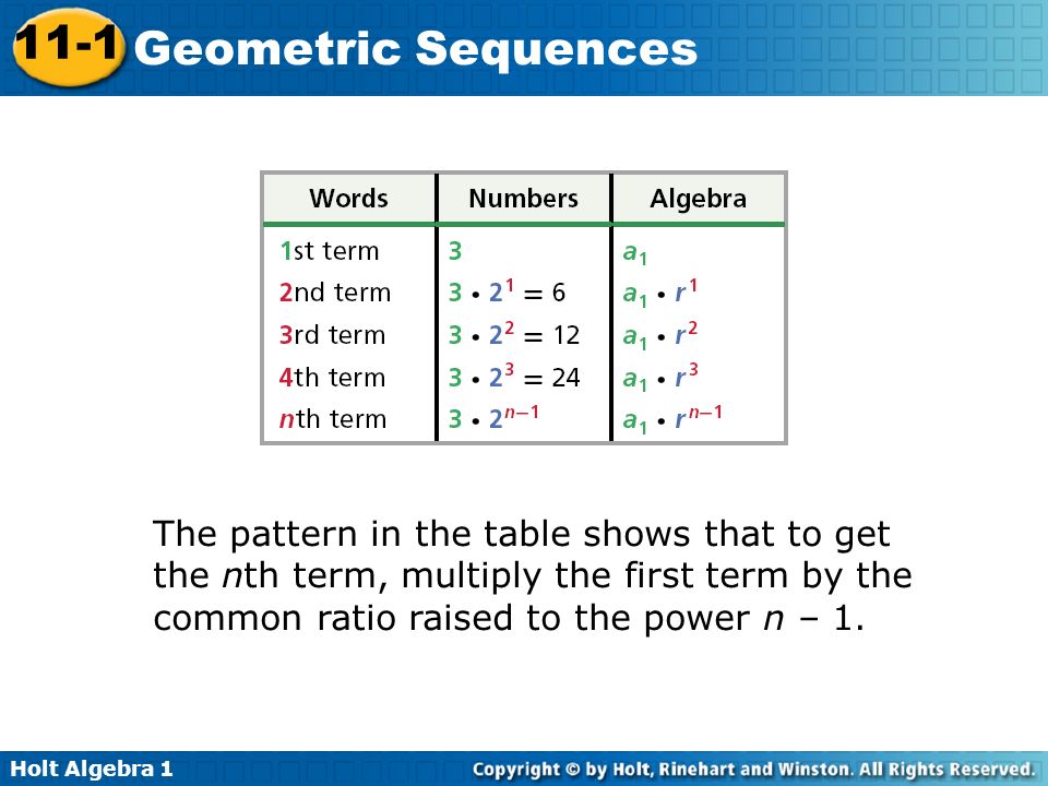Holt Algebra Geometric Sequences The pattern in the table shows that to get the nth term, multiply the first term by the common ratio raised to the power n – 1.
