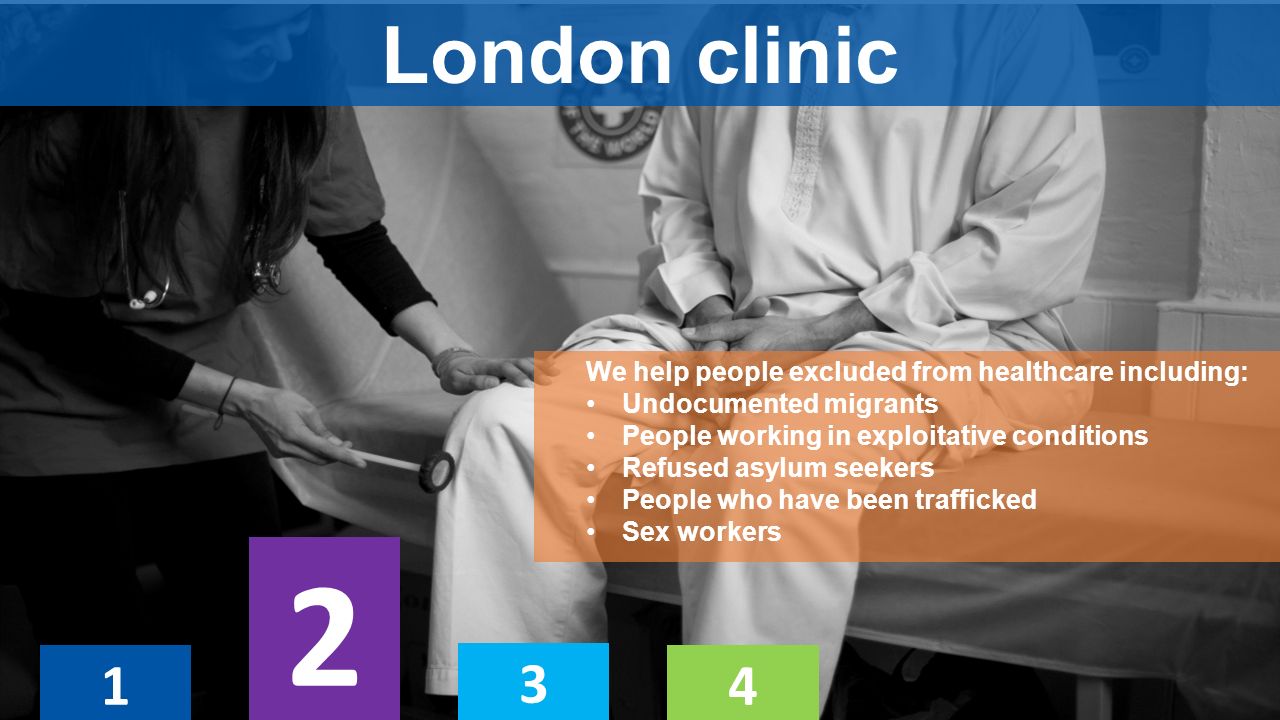 London clinic 124 We help people excluded from healthcare including: Undocumented migrants People working in exploitative conditions Refused asylum seekers People who have been trafficked Sex workers 2 3
