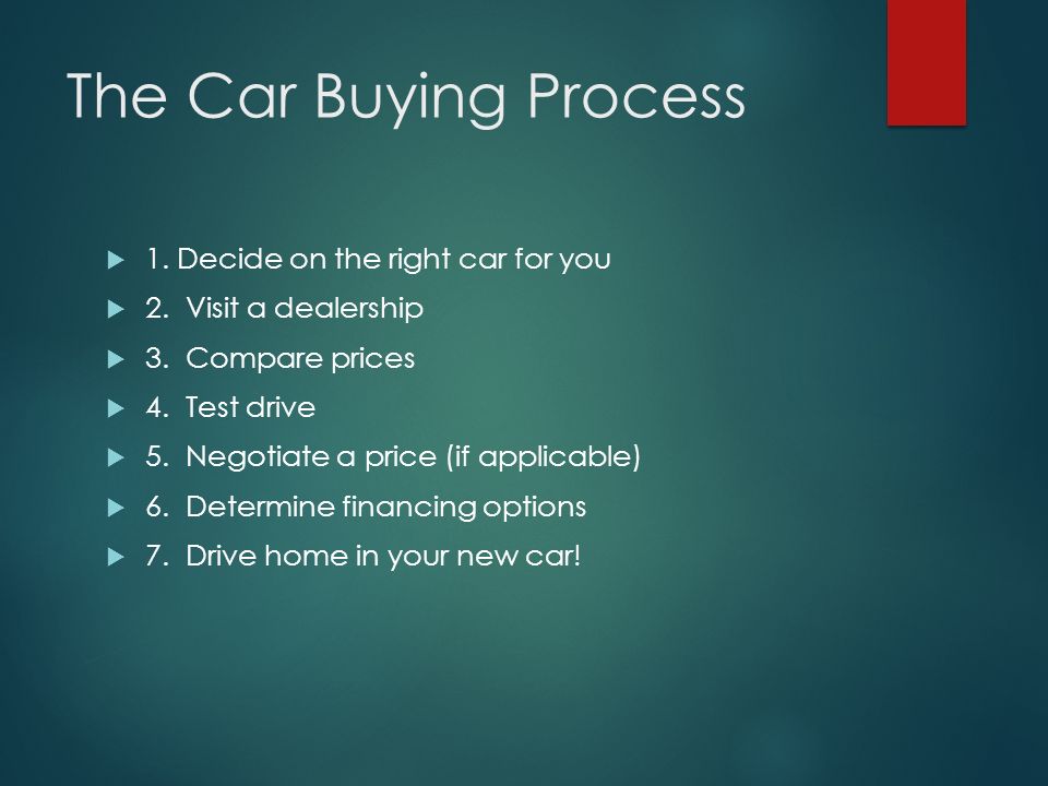 The Car Buying Process  1. Decide on the right car for you  2.