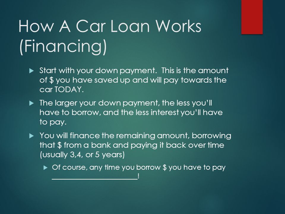 How A Car Loan Works (Financing)  Start with your down payment.