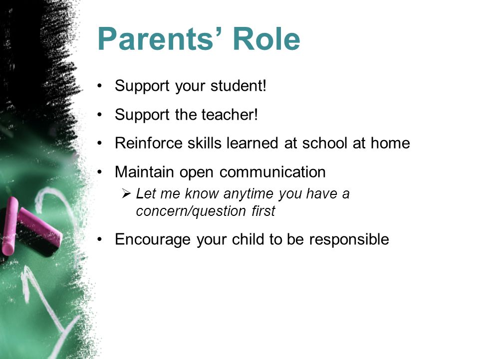 Parents’ Role Support your student. Support the teacher.