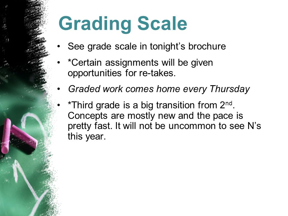 Grading Scale See grade scale in tonight’s brochure *Certain assignments will be given opportunities for re-takes.