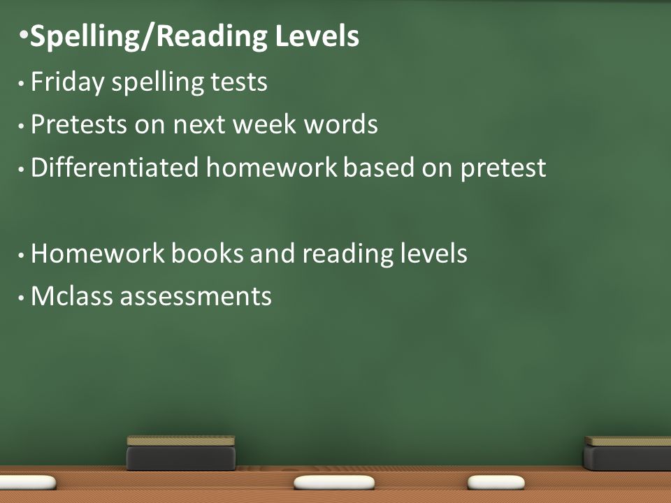 Spelling/Reading Levels Friday spelling tests Pretests on next week words Differentiated homework based on pretest Homework books and reading levels Mclass assessments
