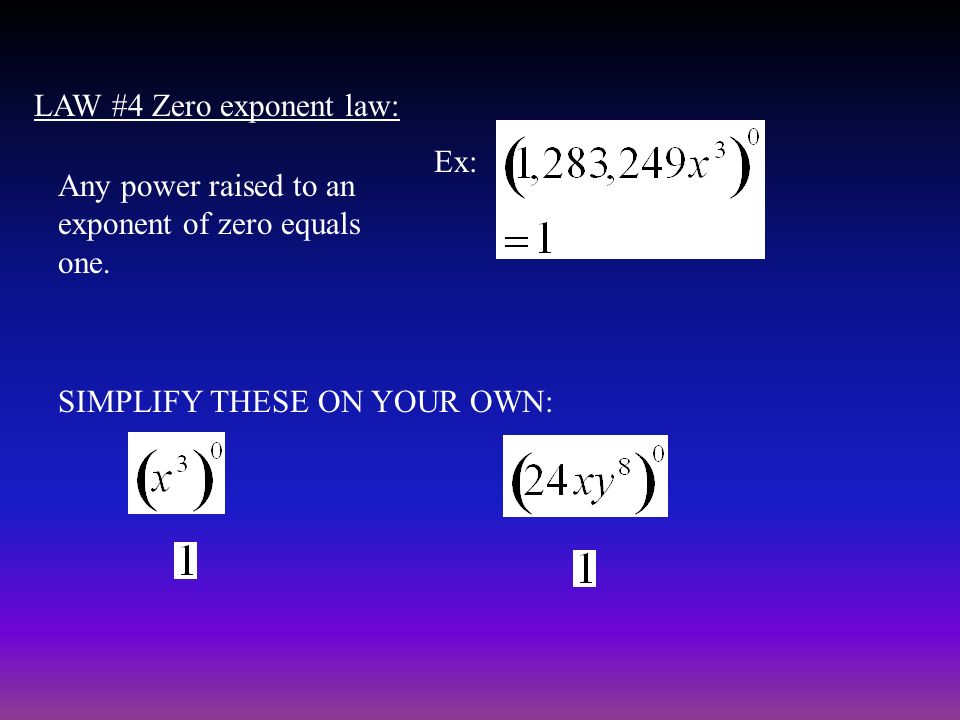 LAW #4 Zero exponent law: Any power raised to an exponent of zero equals one.