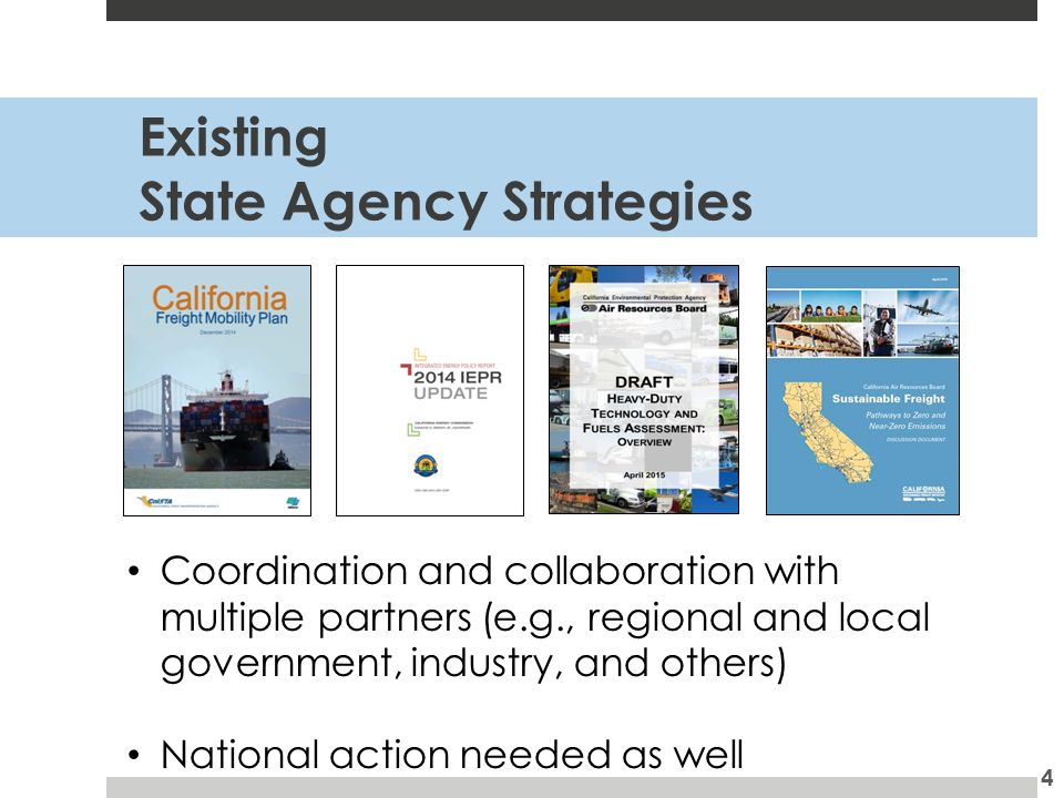 Existing State Agency Strategies 4 Coordination and collaboration with multiple partners (e.g., regional and local government, industry, and others) National action needed as well