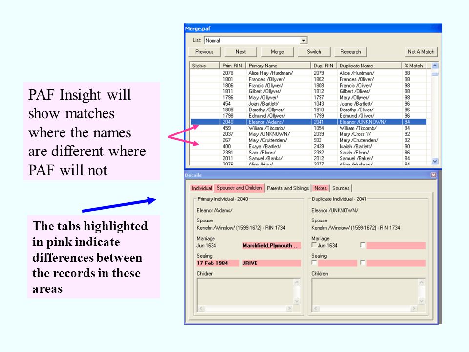 PAF Insight will show matches where the names are different where PAF will not The tabs highlighted in pink indicate differences between the records in these areas