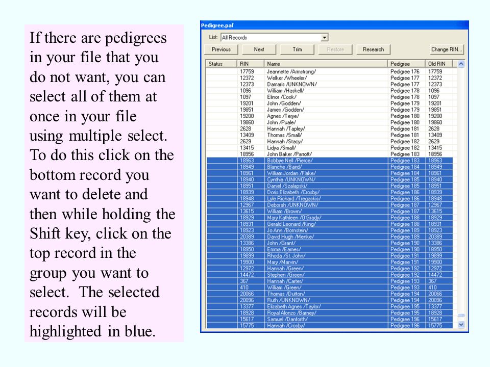If there are pedigrees in your file that you do not want, you can select all of them at once in your file using multiple select.
