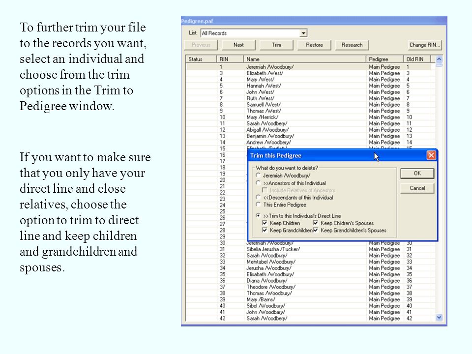 To further trim your file to the records you want, select an individual and choose from the trim options in the Trim to Pedigree window.