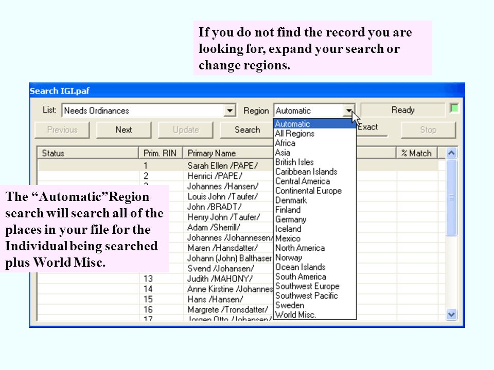 If you do not find the record you are looking for, expand your search or change regions.