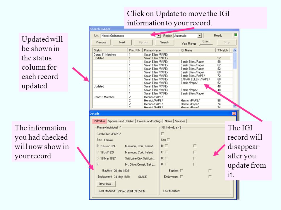 Click on Update to move the IGI information to your record.