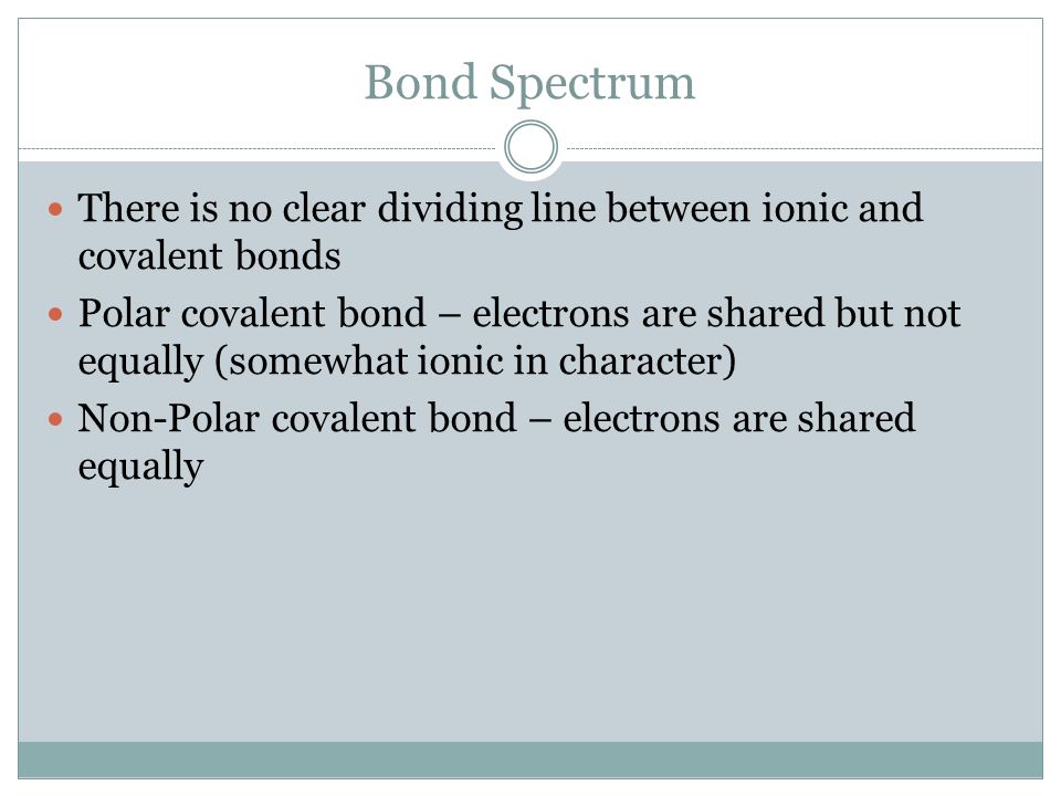 Bond Spectrum There is no clear dividing line between ionic and covalent bonds Polar covalent bond – electrons are shared but not equally (somewhat ionic in character) Non-Polar covalent bond – electrons are shared equally