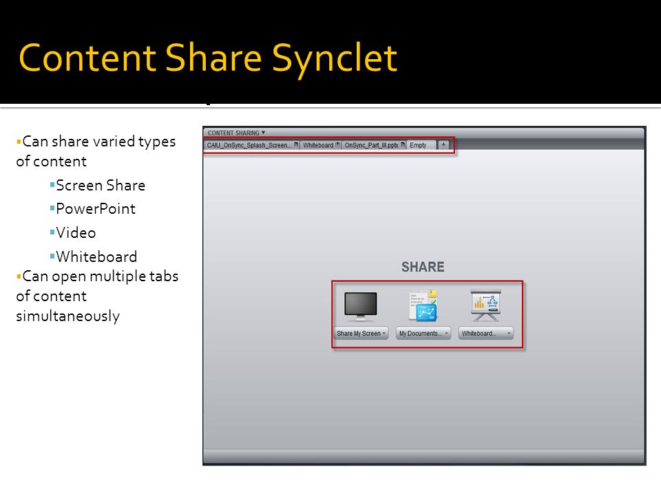 Content Share Synclet  Can share varied types of content  Screen Share  PowerPoint  Video  Whiteboard  Can open multiple tabs of content simultaneously