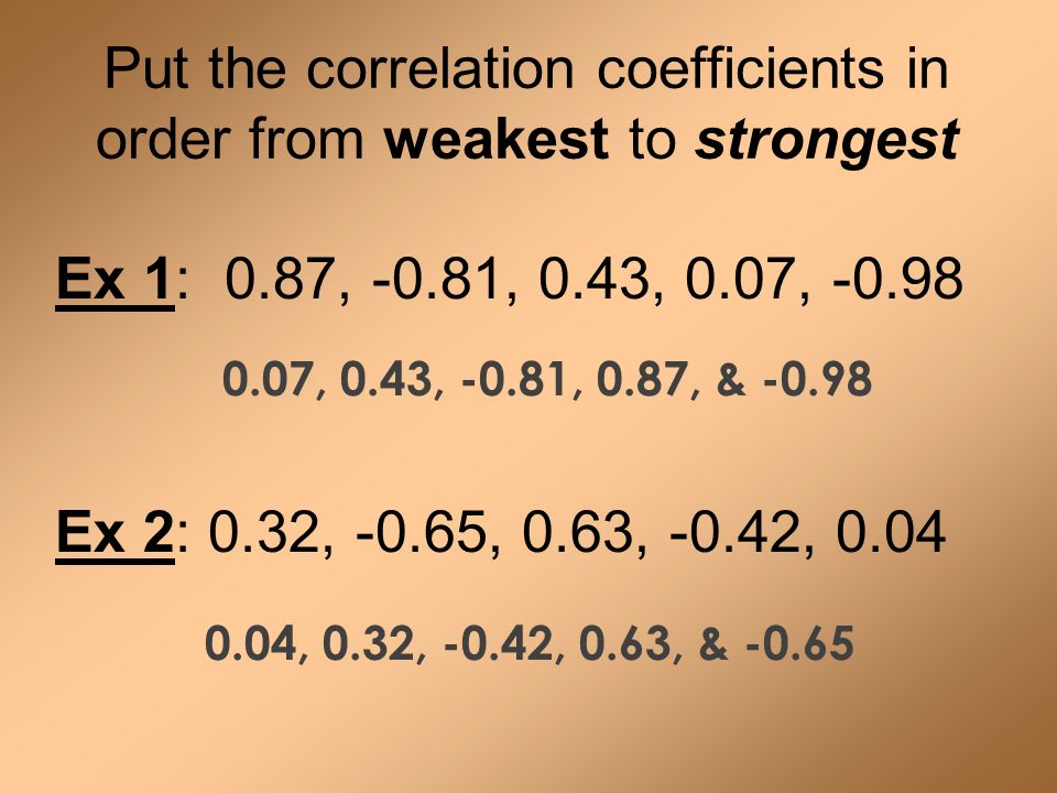 Put the correlation coefficients in order from weakest to strongest Ex 1: 0.87, -0.81, 0.43, 0.07, Ex 2: 0.32, -0.65, 0.63, -0.42, , 0.43, -0.81, 0.87, & , 0.32, -0.42, 0.63, & -0.65