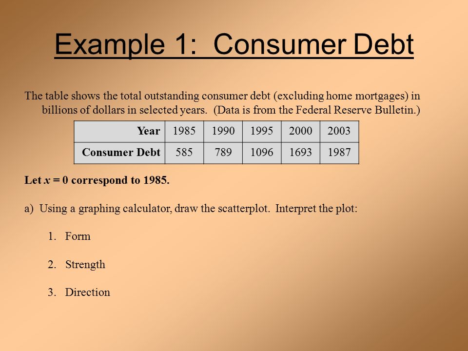 Example 1: Consumer Debt The table shows the total outstanding consumer debt (excluding home mortgages) in billions of dollars in selected years.