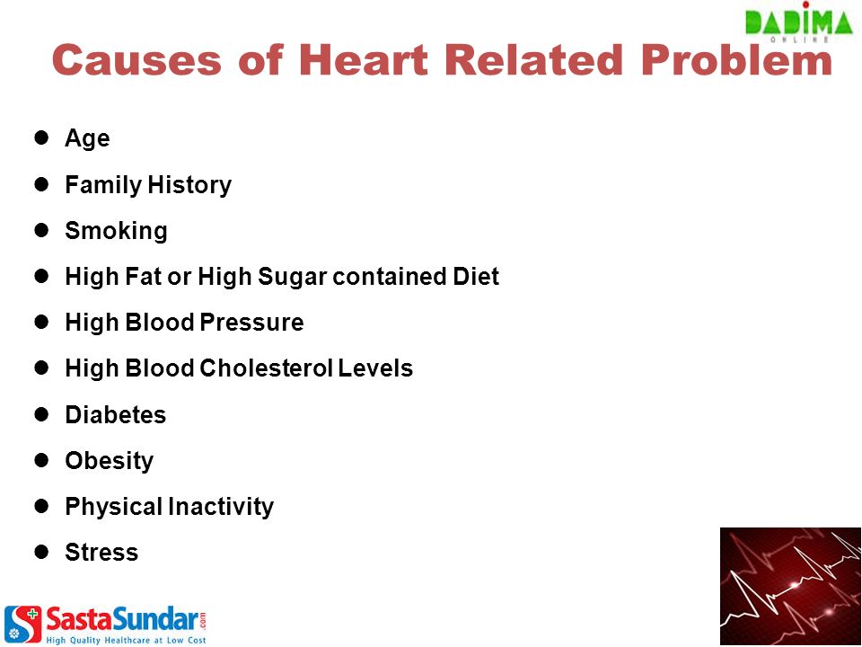 Causes of Heart Related Problem Age Family History Smoking High Fat or High Sugar contained Diet High Blood Pressure High Blood Cholesterol Levels Diabetes Obesity Physical Inactivity Stress
